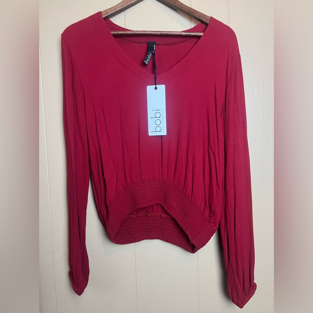 Bobi Women's Red V-Neck Long Sleeve Top